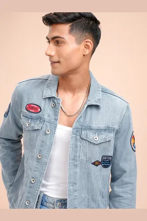 LocoMotive Men Blue Pure Cotton Applique Detail Solid Denim Jacket