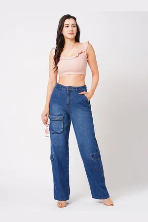 Globus Women Blue Straight Fit Mid-Rise Clean Look Light Fade Cotton Cargo Style Jeans