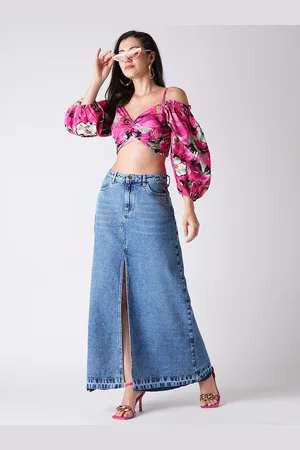 Globus Front Slit Fringed A-Line Maxi Denim Skirt