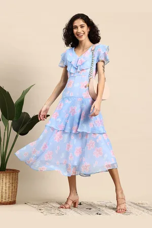 Mast & Harbour Floral Printed Flutter Sleeve Layered A-Line Midi Dress