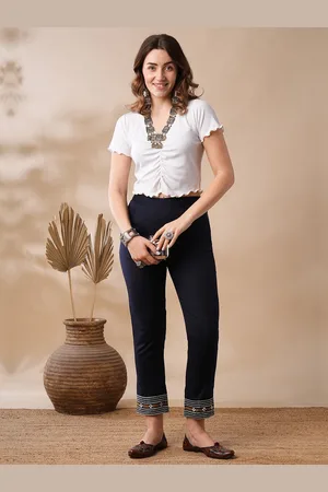 Globus Women Embroidered Hem Mid Rise Trousers