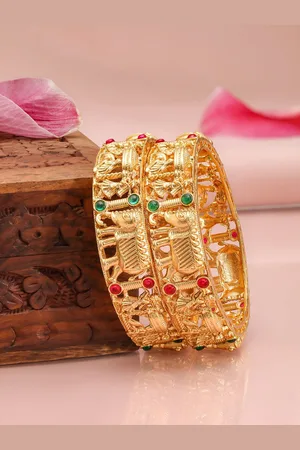 Rubans Set of 2, 18K Gold-Plated Ruby Pink & Emerald Green Stone Studed Traditional Bangle