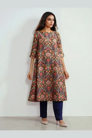 trueBrowns Ethnic Motifs Printed Round Neck A-Line Kurta with Trousers