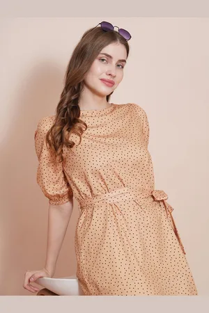 Globus Women Crepe Crew Neck Puff Sleeves Polka Dots A-Line Dress With Belt