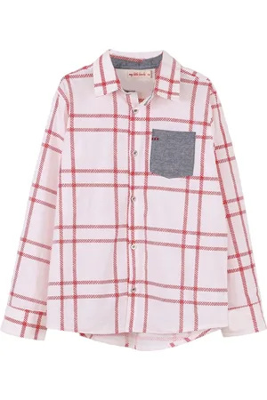 My Little Lambs Boys White & Red Regular Fit Checked Casual Shirt