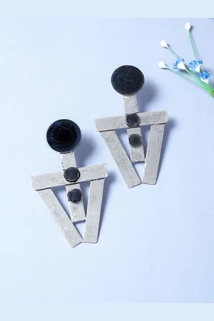 Golden Peacock Silver-Toned & Navy Blue Handcrafted Geometric Drop Earrings