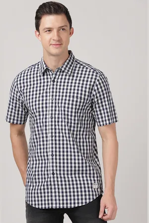 MERCHANT MARINE Men White & Blue Classic Slim Fit Gingham Checked Casual Shirt