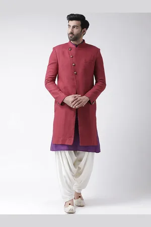 KISAH Men Maroon & Off-White Solid Bhagalpuri Silk Indowestern Sherwani Patiala Set