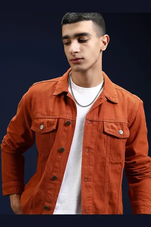 Highlander Men Rust Washed Denim Jacket with Patchwork