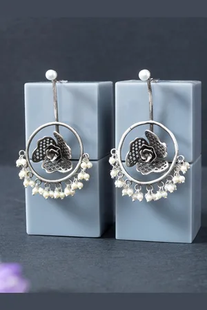 Golden Peacock Oxidised Silver-Toned & Off White Beaded Floral Drop Earrings