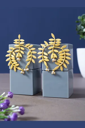 Golden Peacock Gold-Toned Leaf Shaped Drop Earrings