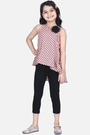 LilPicks Girls Light Brown & Black Printed Asymmetrical Top with Leggings