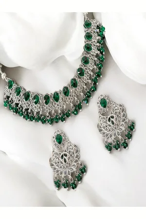 AccessHer Sterling Silver-Plated AD Studded & Beaded Necklace and Earrings With Maang Tika