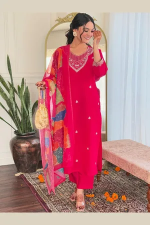 DIVASTRI Women Ethnic Motifs Embroidered Regular Thread Work Chanderi Silk Kurta with Trousers & With Dupatta