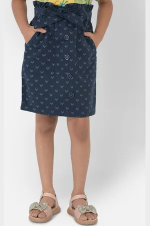 Crimsoune Club Girls Navy Blue Printed Cotton Skirt With Belt