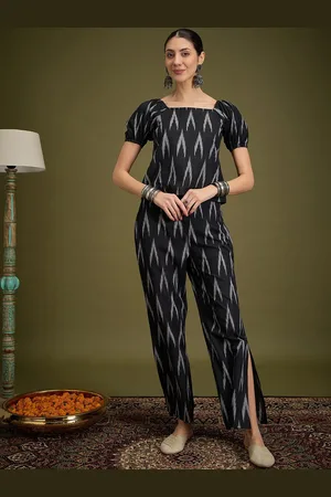 Sangria Abstract Printed Pure Cotton Square Neck Top & Trousers