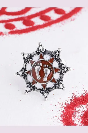Voylla Women Silver-Plated & Red Goddess Feet Enamelled Ring