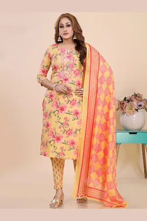 Amchoor Floral Printed Embroidered Straight Kurti With Trouser & Dupatta