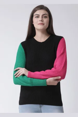 Club York Women Black Colourblocked Round Neck Acrylic Sweater