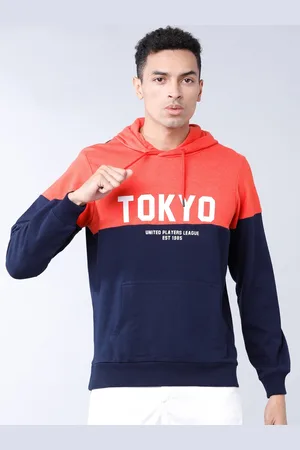 Highlander Men Navy Blue & Orange Colourblocked Hooded Sweatshirt