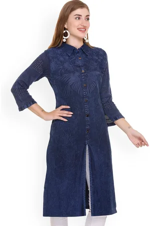 Elthia Floral Embroidered Denim Pure Cotton Straight Kurta