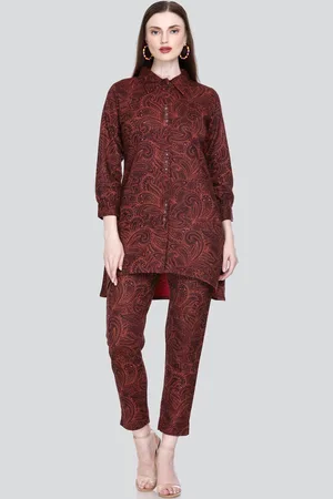 Elthia Ethnic Motifs Printed Shirt Collar Cuffed Sleeve Acrylic A-Line Kurta With Trousers