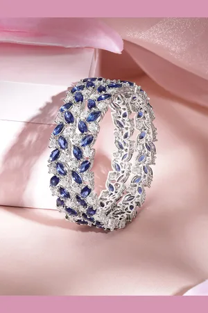 Rubans Set of 2 Rhodium Plated Blue Sapphire & Crystal Zirconia Studded Premium Bangles