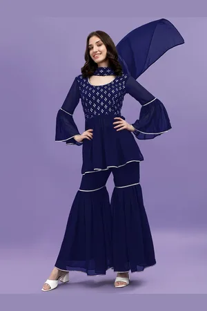 ASPORA Women Navy Blue Floral Embroidered Empire Kurti with Sharara & With Dupatta