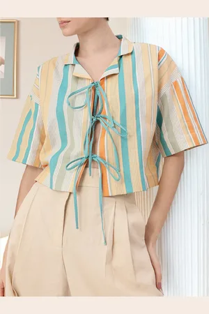 DressBerry Kawaii Core Bow Detailed Striped Boxy Shirt Style Top
