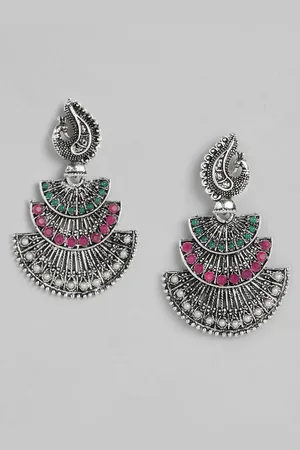 AccessHer Silver-Plated Pink Peacock Shaped Drop Earrings