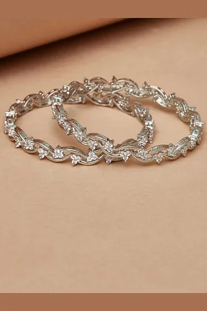 Voylla Set Of 2 Rhodium-Plated Silver-Toned & White CZ Studded Bangles