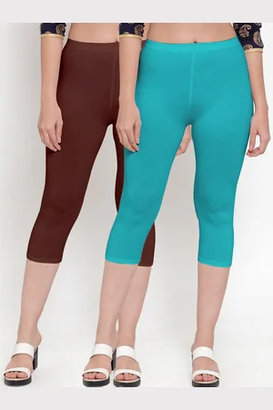 GRACIT Women Brown & Turquoise Blue Set Of 2 Cotton Lycra Capris