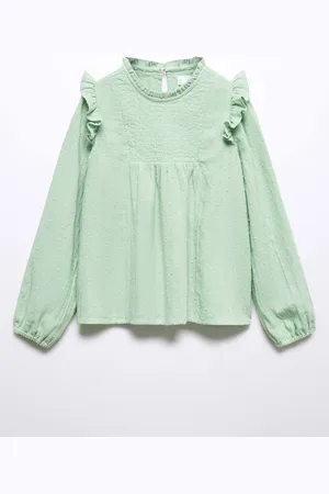 MANGO Girls Pure Cotton Puff Sleeve Cotton Ruffle Detail Top