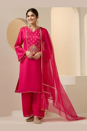 Ishin Floral Embroidered Yoke Design Notch Neck Kurta With Palazzos And Dupatta