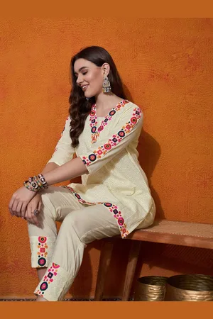 Sangria Abstract Embroidered Pure Cotton Top With Trouser