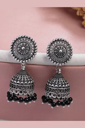 NVR Women Oxidised Silver Plated Black Artificial Beads Jhumka Earrings