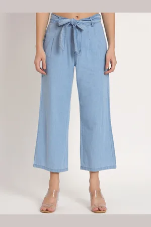 AngelFab Women Straight Fit High Rise Pleated Denim Culottes Trousers