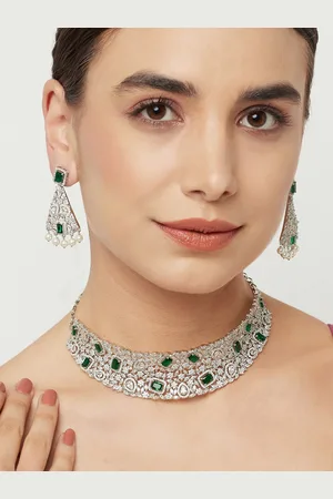 Voylla Rhodium-Plated Green & White CZ Studded Jewellery Set