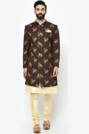 KISAH Men Brown & Beige Printed Cotton Indowestern Sherwani Set