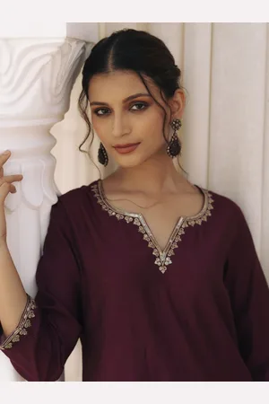 anayna Floral Embroiderd Notch Neck Sequinned Straight Kurta With Trousers