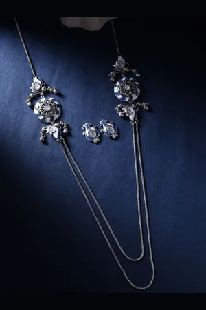 Voylla Silver-Plated & Blue Cubic -Zirconia Studded Oxidised Jewellery Set