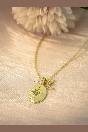 AQUASTREET 14K Gold Plated Star & Moon Pendant Necklace
