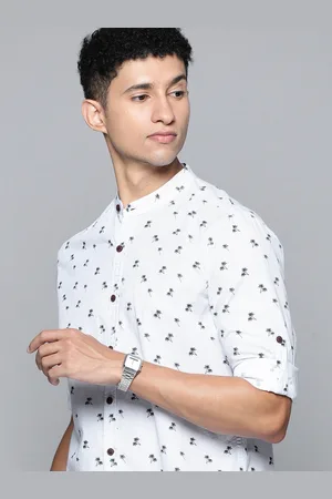 Flying Machine Men White & Navy Blue Slim Fit Floral Printed Pure Cotton Casual Shirt