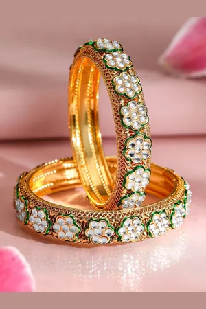 Rubans Set of 2, 22K Gold-Plated Floral Kundan Studded Bangles with Green Enamel Accents