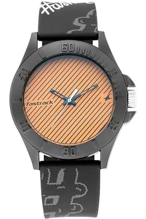 Fastrack Unisex Orange Striped Dial & Black Straps TEES-Hashtag Analogue Watch 68013PP03