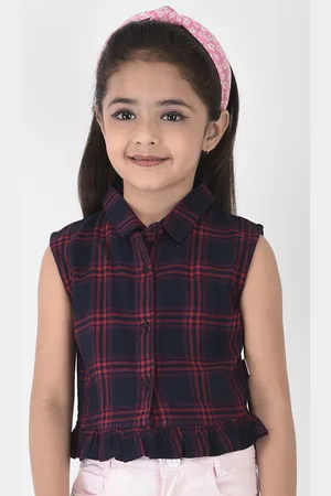 Crimsoune Club Girls Navy Blue Slim Fit Tartan Checks Checked Casual Shirt