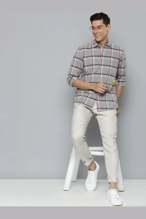 Mast & Harbour Men Grey & Blue Slim Fit Tartan Checked Cotton Linen Casual Shirt