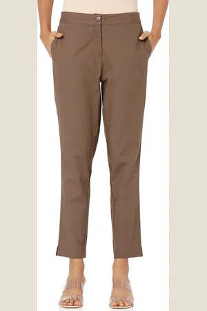 Ethnicity Women Brown Cotton Solid Trousers