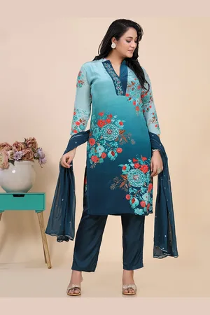 Amchoor Floral Printed V-Neck Straight Kurti with Trousers & With Dupatta
