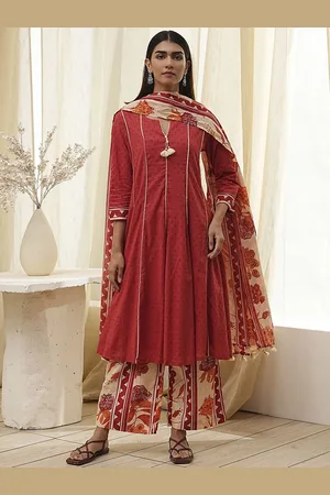 Biba Woven Design Panelled Pure Cotton A-Line Kurta With Palazzos & Dupatta